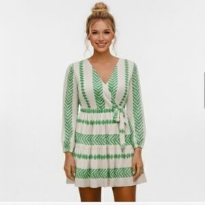 Cato Women's Green and White Long Sleeve Parisian Cafe Jelly Bean Dress NWT